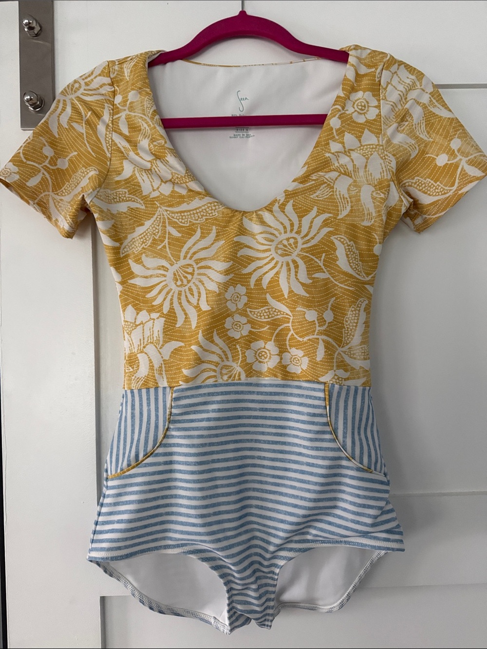 Seea Yellow & White Floral One-Piece with Light Blue Stripes